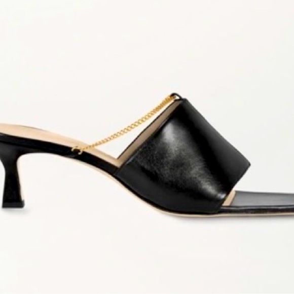 Wandler Made in Italy Black Leather with Gold Chain Details Square Toe Mules - Picture 4 of 4